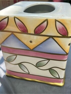 Wamsutta Ceramic Hand Painted Tissue Box Holder Cover Floral Blue Green